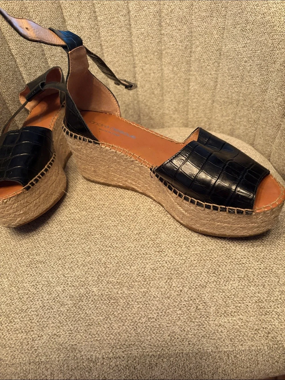 Charles David Black Croc-Embossed Espadrille Wedge Sandals